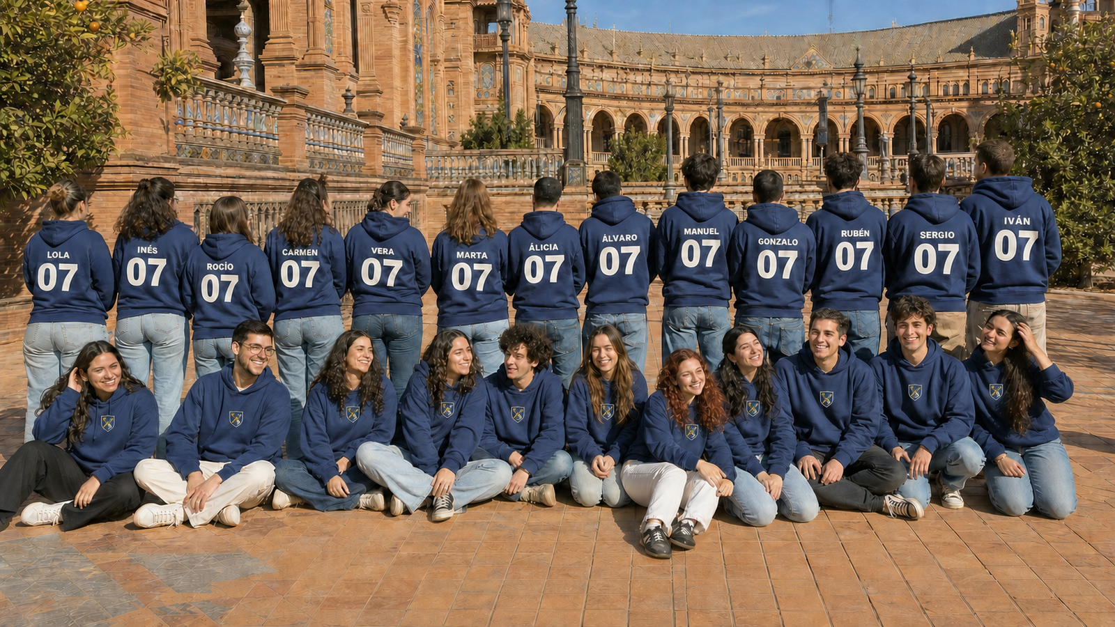 Grupo de estudiantes en la Plaza de España de Sevilla con sudaderas personalizadas, nombres, número 07 y escudo bordado