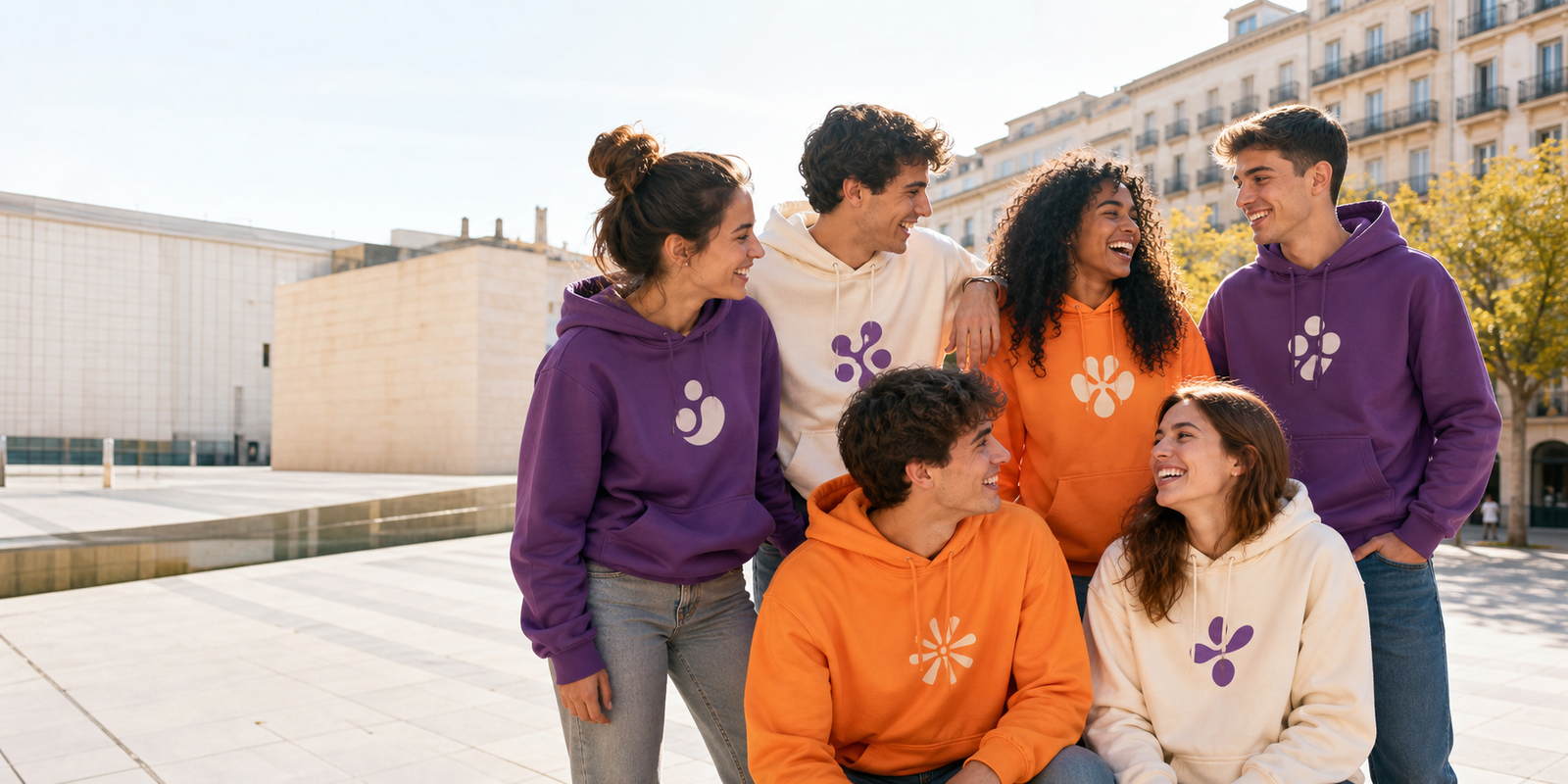 Grupo de amigos con sudaderas personalizadas Grupiko